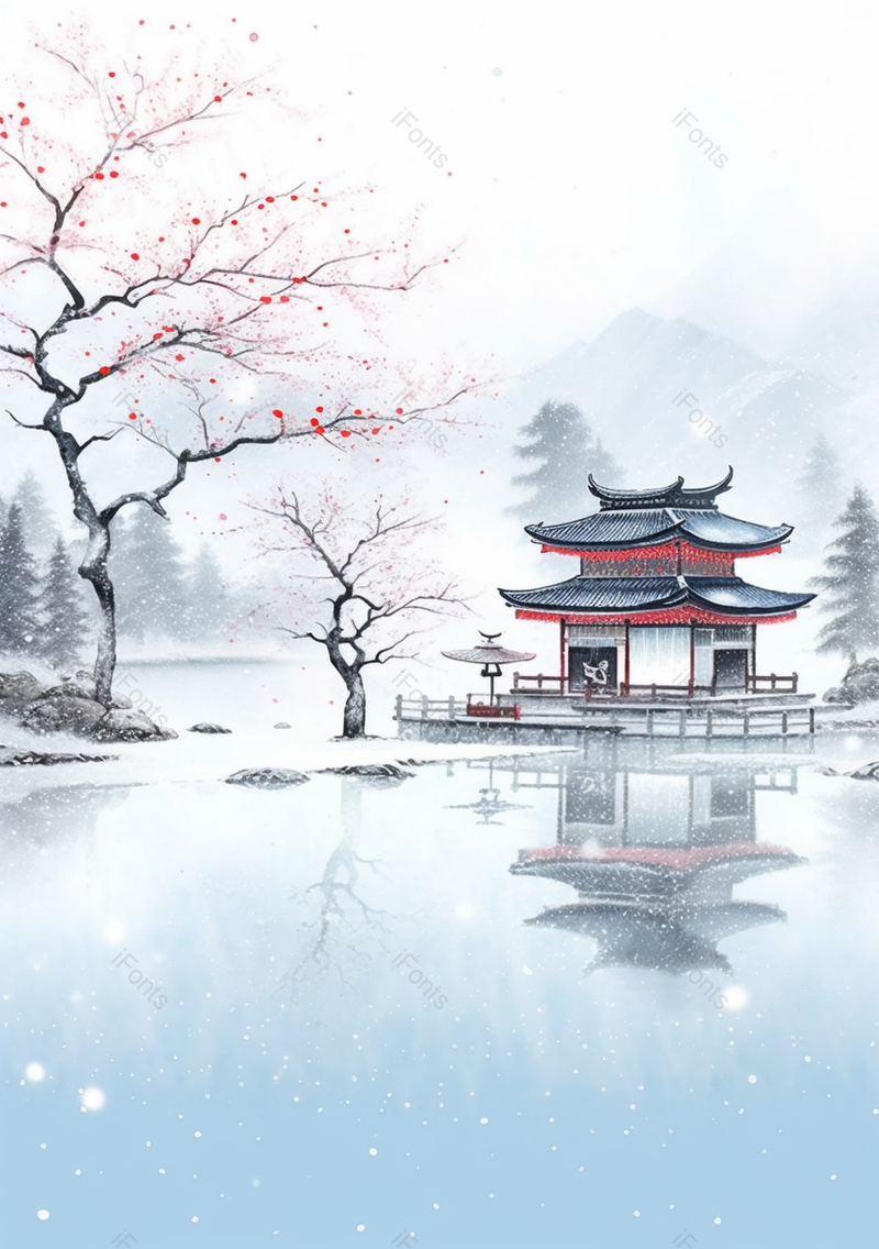 中国风古代亭台楼阁红梅湖景手绘插画,插画/手绘图,插画/手绘图库,插画/手绘图下载,插画/手绘